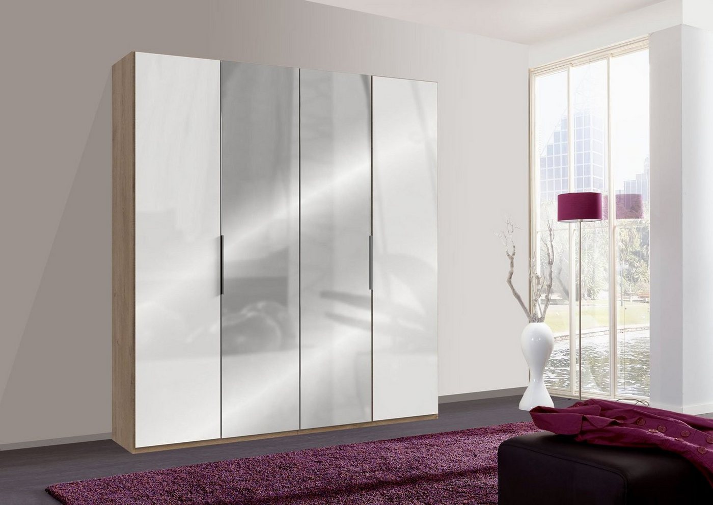 Wimex Kleiderschrank Level (1-St) 4-türig 200x58x236cm weiß plankeneiche Spiegel von Wimex