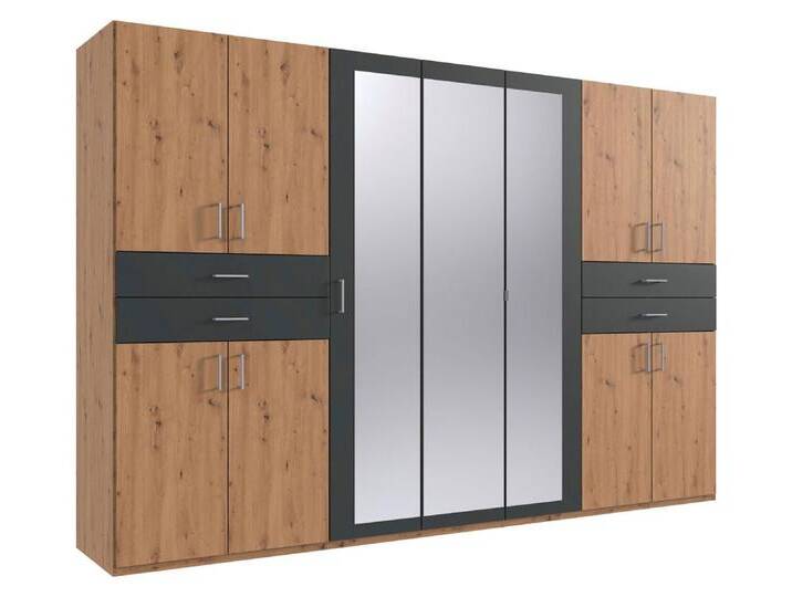 Wimex Kleiderschrank Taiga (mit Türen, Spiegel, Schubladen, Einlegeböden, Kleiderstangen, 1-St., moderne Optik, mit Spiegel, Kunststoffbügelgriffe) 313x58x210cm Artisan Eiche / graphit von Wimex