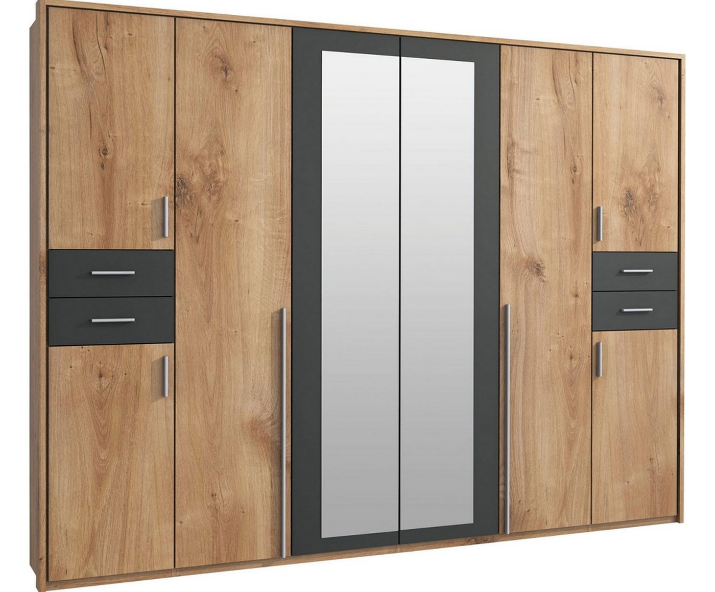 Wimex Kleiderschrank Vegas (mit Türen, Spiegel, Kleiderstangen, Einlegeböden, 1-St., moderne Optik, alufarbene Stangengriffe aus Kunststoff) 273x58x210cm / Plankeneiche / graphit von Wimex