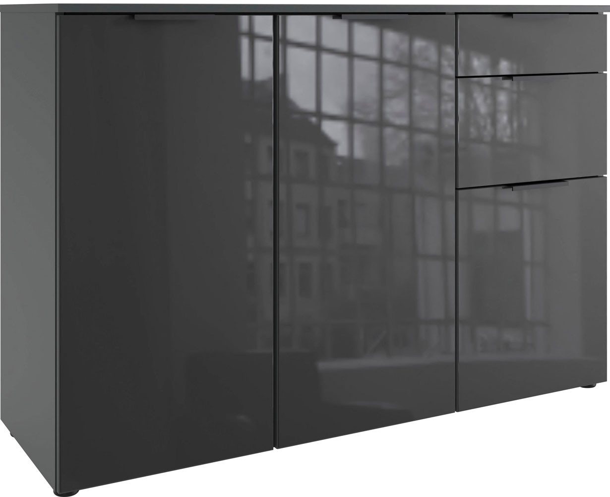 Wimex Kombikommode Level (3 Türen, 2 Schubladen, 3 Einlegeböden, 1 St., moderne Optik, chromfarbene Metallgriffe), 122x41x84cm graphit / Grauglas von Wimex