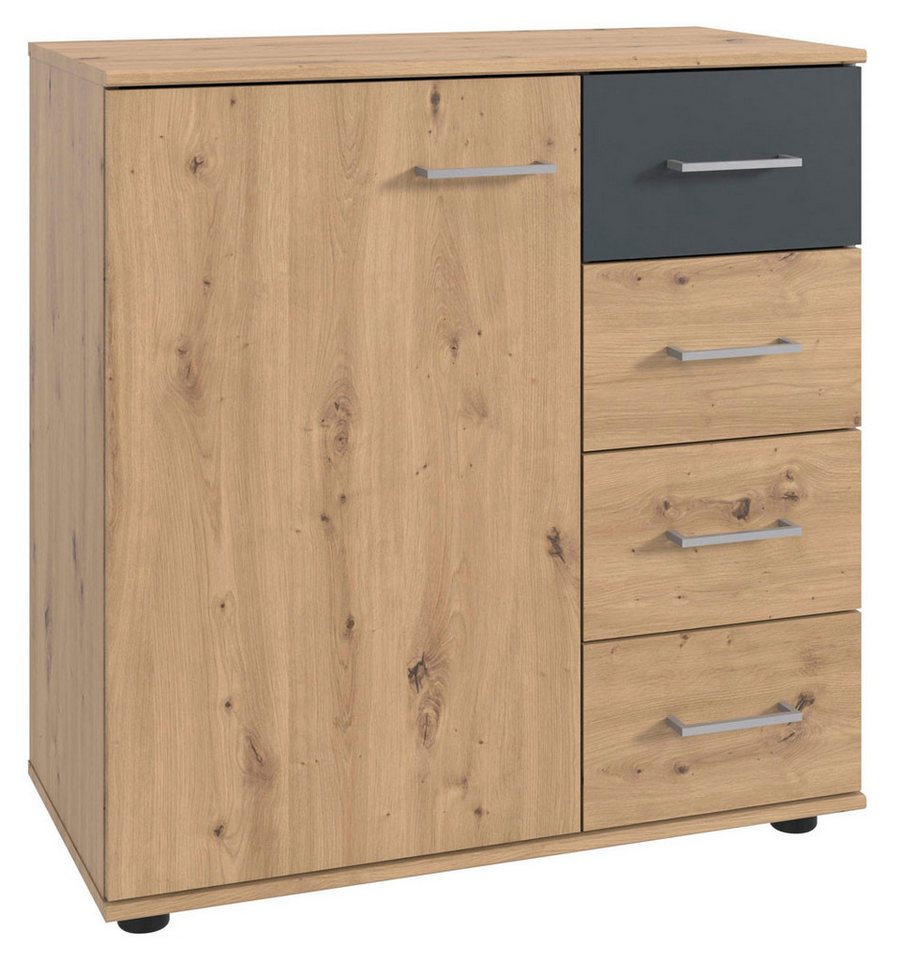 Wimex Kommode Taiga (1 Tür, 1 Einlegeboden, 4 Schubladen, 1 St., moderne Optik, alufarbene Kunststoffgriffe, Füße in Schwarz), 81x41x83cm artisan eiche graphit von Wimex