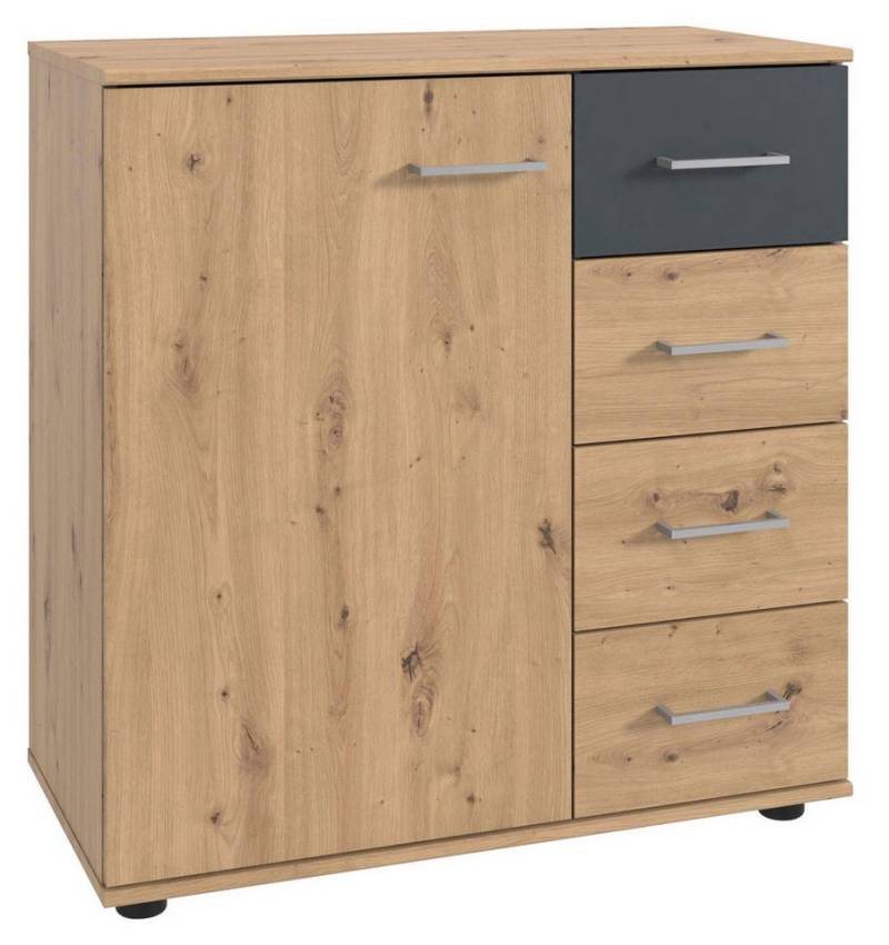 Wimex Kommode Taiga (1 Tür, 1 Einlegeboden, 4 Schubladen, 1 St., moderne Optik, alufarbene Kunststoffgriffe, Füße in Schwarz), 81x41x83cm artisan eiche graphit von Wimex