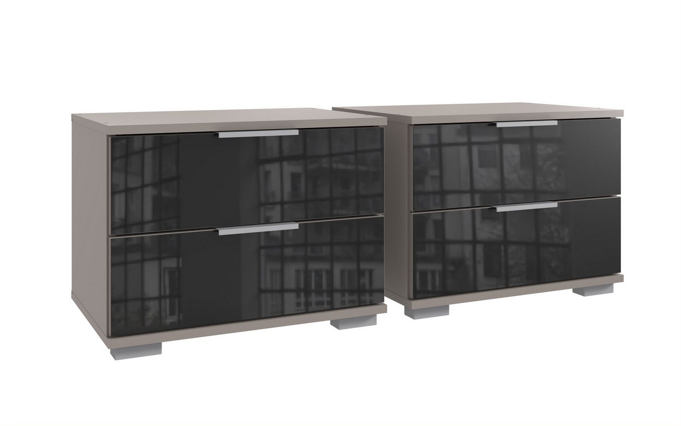 Wimex Nachtkommode (2er-Set) je 2 Schübe, SAHARAGRAU+GLAS SCHWARZ - 52x40x38 (BxHxT) (2er-Set) von Wimex