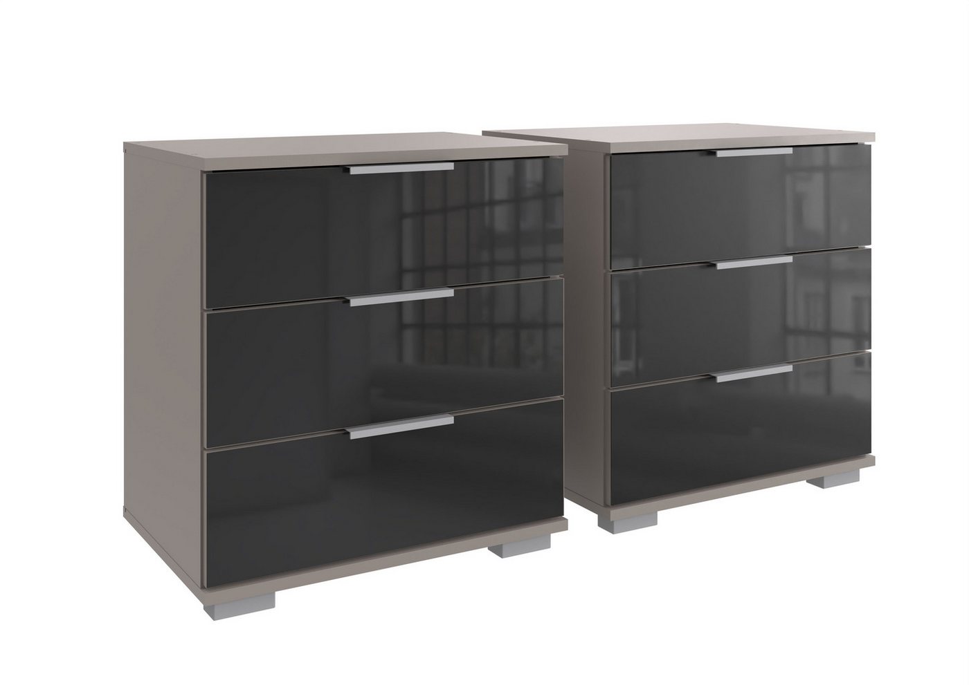 Wimex Nachtkommode (2er-Set) je 3 Schübe, SAHARAGRAU + GLAS SCHWARZ - 52x58x38 (BxHxT) (2er-Set, 2er-Set) von Wimex