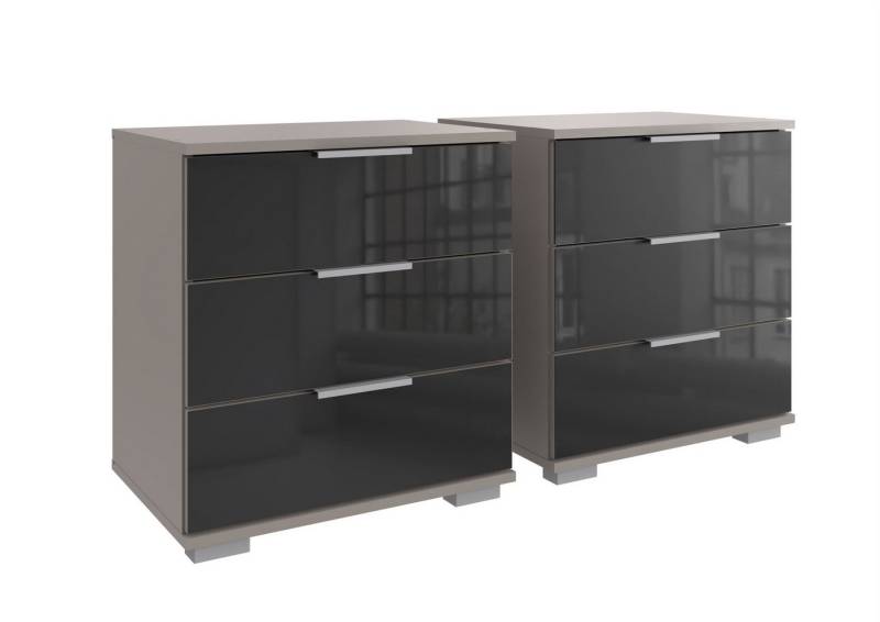 Wimex Nachtkommode (2er-Set) je 3 Schübe, SAHARAGRAU + GLAS SCHWARZ - 52x58x38 (BxHxT) (2er-Set, 2er-Set) von Wimex