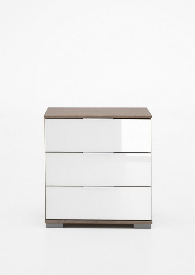 Wimex Nachtkommode in Eiche-Sägerau mit 3 Schubladen und Absetzungen in GLAS WEISS (BxHxT: 52x58x38 cm) von Wimex