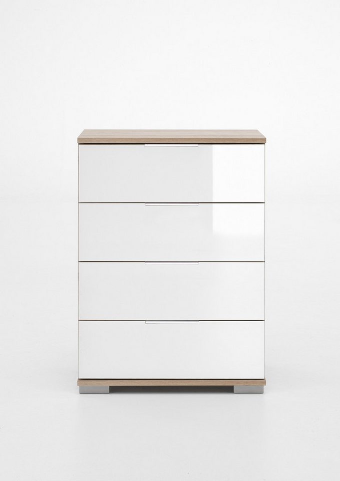 Wimex Nachtkommode in Eiche-Sägerau mit 4 Schubladen und Absetzungen in GLAS WEISS (BxHxT: 52x74x38 cm) von Wimex