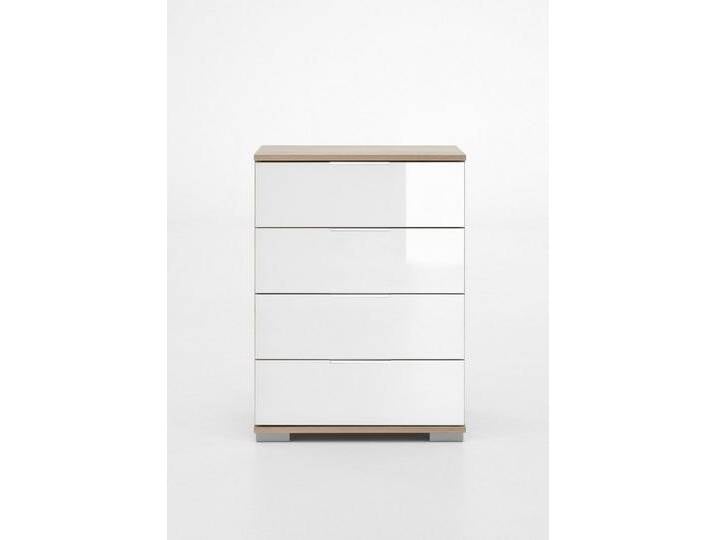 Wimex Nachtkommode in Eiche-Sägerau mit 4 Schubladen und Absetzungen in GLAS WEISS (BxHxT: 52x74x38 cm) von Wimex