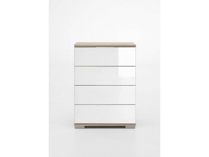 Wimex Nachtkommode in Eiche-Sägerau mit 4 Schubladen und Absetzungen in GLAS WEISS (BxHxT: 52x74x38 cm) von Wimex