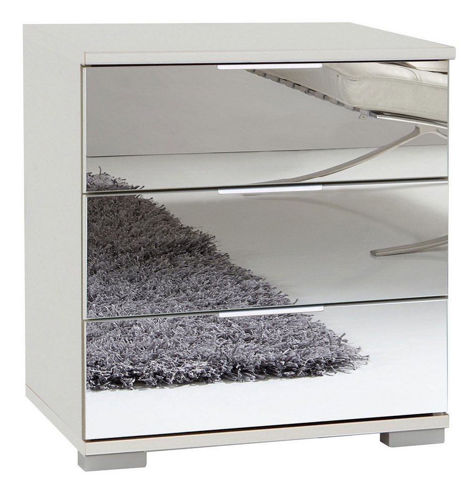 Wimex Nachtkonsole Easy Plus (3 Schubladen mit Metallauszug, mit Glasfronten, mit Zungengriffe, 1 St., moderne Optik, alufarbene Kantengriffe aus Metall, Füße in alufarben), 52x38x56cm weiß / Spiegel von Wimex