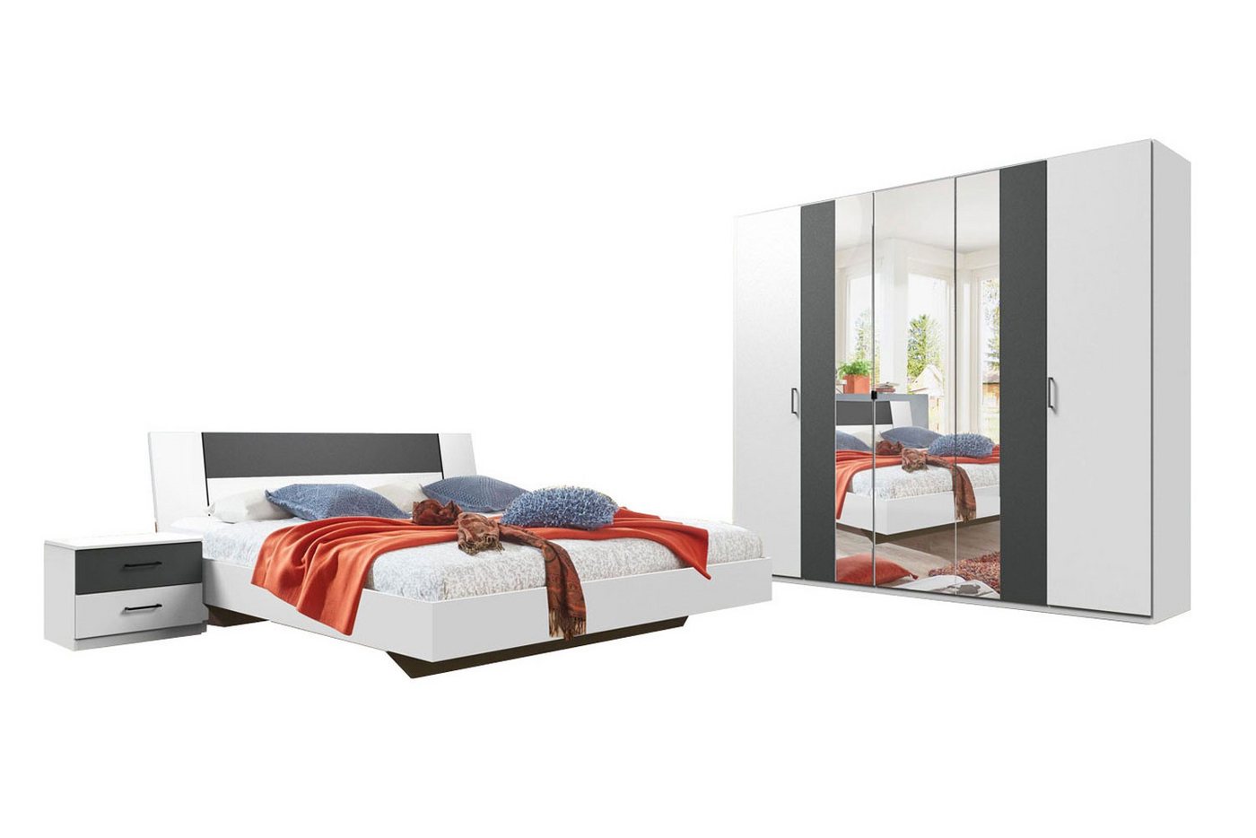 Wimex Schlafzimmer-Set Kreta, (1 Doppelbett, 2 Nachtkonsolen, 1 Kleiderschrank, 4-tlg., moderne Optik, 4-teilig, alufarbene Bügelgriffe, mit Spiegel), 180x200cm weiß / graphit von Wimex