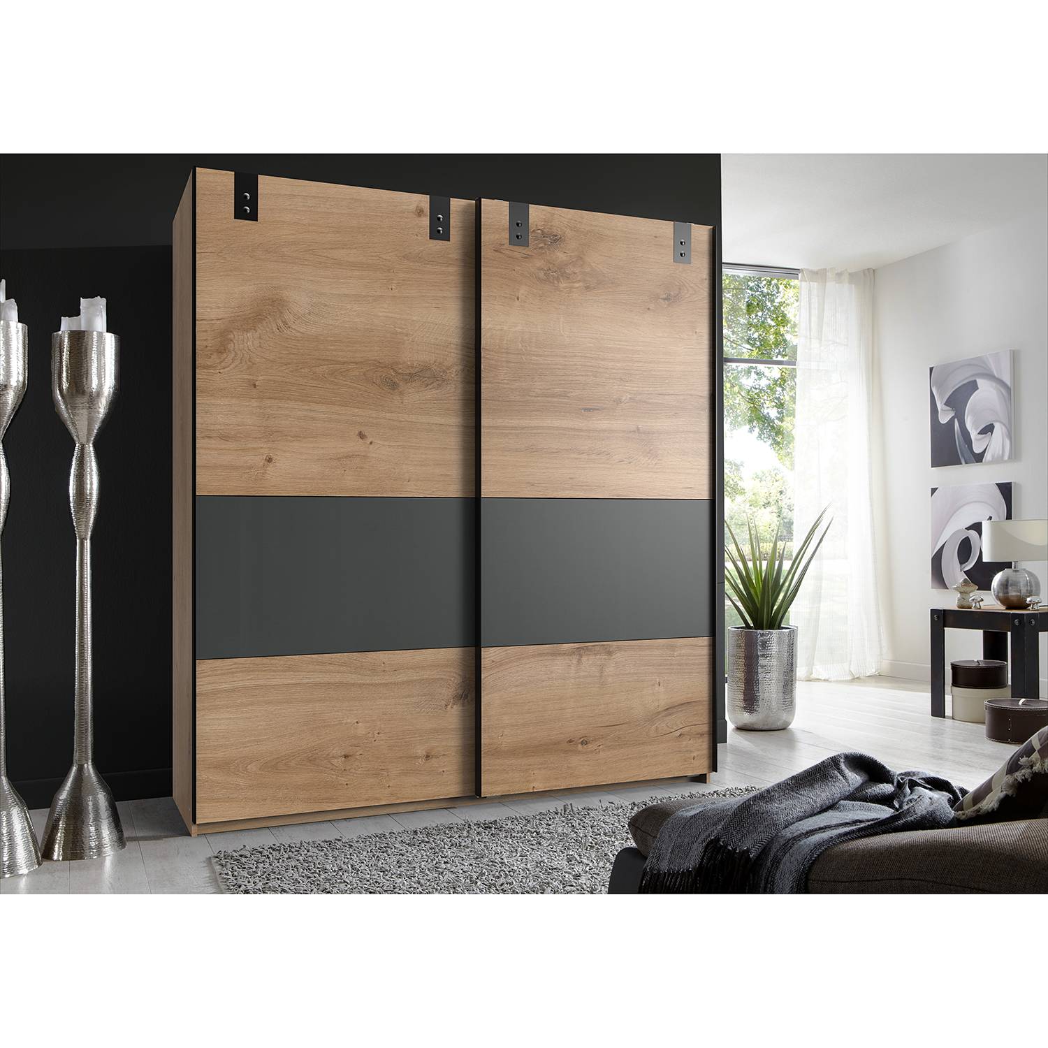 Wimex Schwebetürenschrank Dublin Plankeneiche-Dekor/Graphit 180x198x64 cm (BxHxT) 2-türig Spanplatte Modern von Wimex