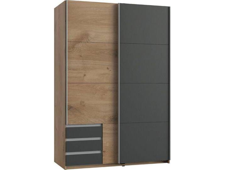 Wimex Schwebetürenschrank Emden (mit Schiebetüren und Kleiderstangen, 1-St., viel Stauraum mit Einlegeböden und Schubladen) 135cm Plankeneiche graphit von Wimex