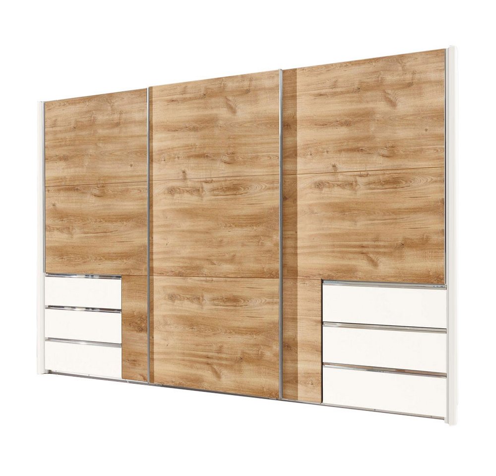 Wimex Schwebetürenschrank Level (mit 4 Einlageböden, mit 6 Schubladen, mit 3 Kleiderstangen, 1-St., moderne Optik, 3-türig, 4 Einlageböden, 6 Schubladen, 3 Kleiderstangen) 300x65x236cm / weiß / Plankeneiche von Wimex