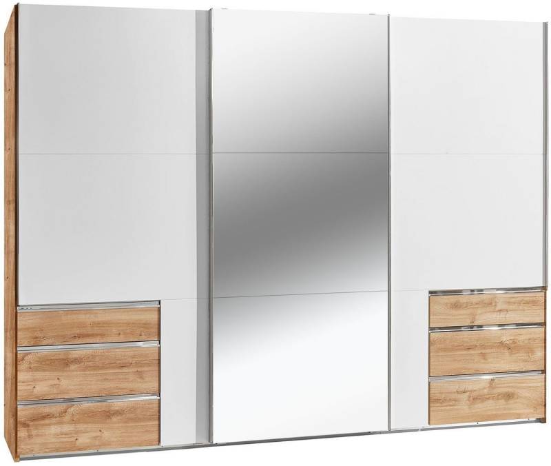 Wimex Schwebetürenschrank Level (mit Schwebetüren, Schubladen, Einlegeböden, Kleiderstangen, 1-St., moderne Optik, mit Spiegel, chromfarbene Griffleisten aus Metall) 300x65x236cm Plankeneiche weiß Spiegel von Wimex