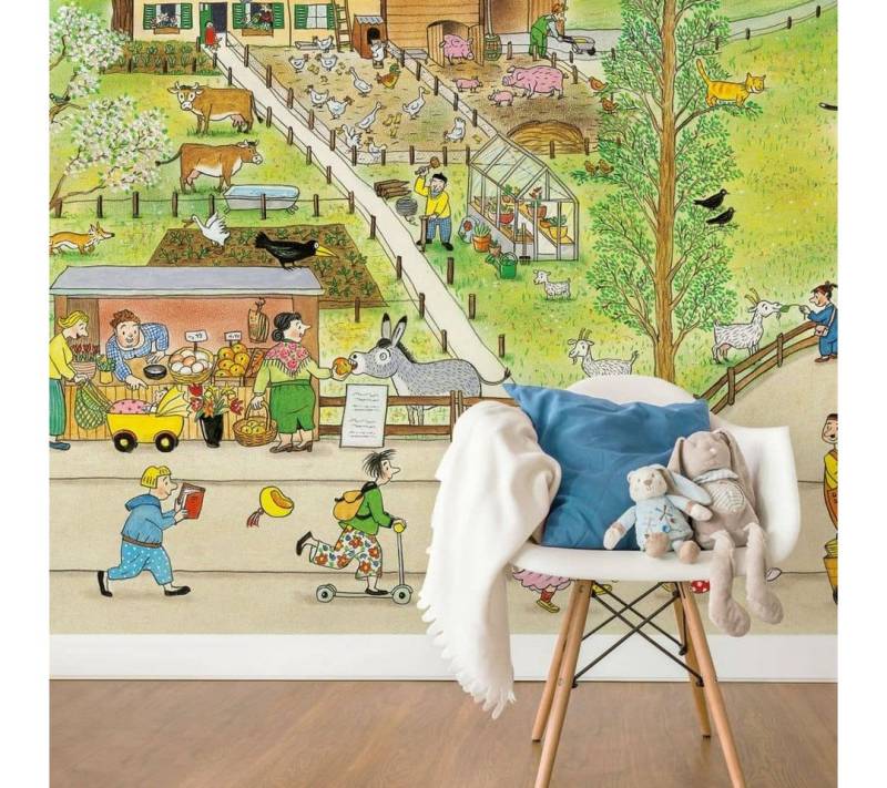 Wimmelbuch Verlag Fototapete XXL Fototapete Kinderzimmer große Tapete Wimmel Bauernhof Tiere Landhaus Frühling, Bauernhoftiere Vliestapete von Wimmelbuch Verlag