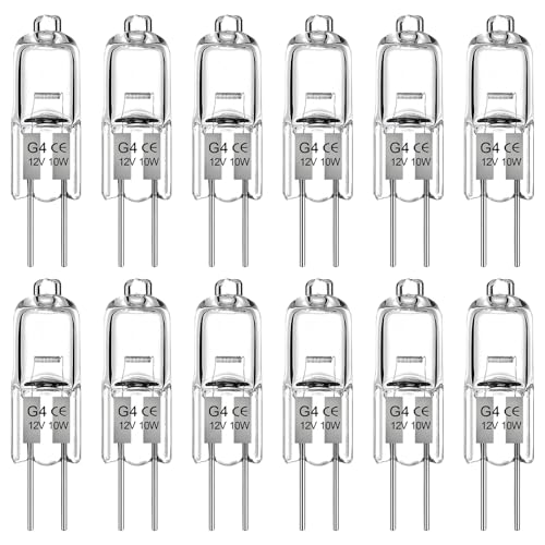WinDerMo G4 Halogen Leuchtmittel 10W, Halogen 12V 10W 12 Stück, Kapsel 2 Pin Glühbirne, G4 Halogenlampen Warmweiß 2700K Dimmbar für Dunstabzugshaube, Schrank, Tischlampen, Deckenleuchten von WinDerMo