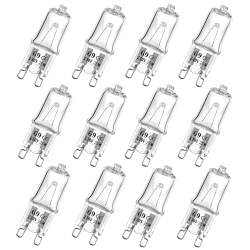 WinDerMo G9 Halogen Leuchtmittel 12 Stück, Halogen 25W 230V Dimmbar Halogenlampen, G9 Kapsel Glühbirnen Nicht Flimmern, Warmweiß Lampen 2700K für Backofenlampe, Deckenleuchten, Leuchter von WinDerMo