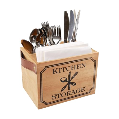 WinHUb Besteckkorb Tisch Utensilienhalter Küche Serviettenhalter Holz Organizer mit 4 Fächern für Küchenutensilien oder als Dekoration von WinHUb