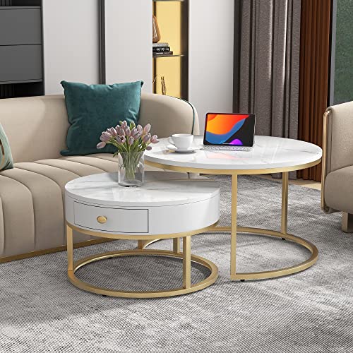 Winalott Moderner Nesting Couchtisch Hochglanz Marmormuster 2er Set runde Couchtische Runder Nested Beistelltisch (Weiß) von Winalott