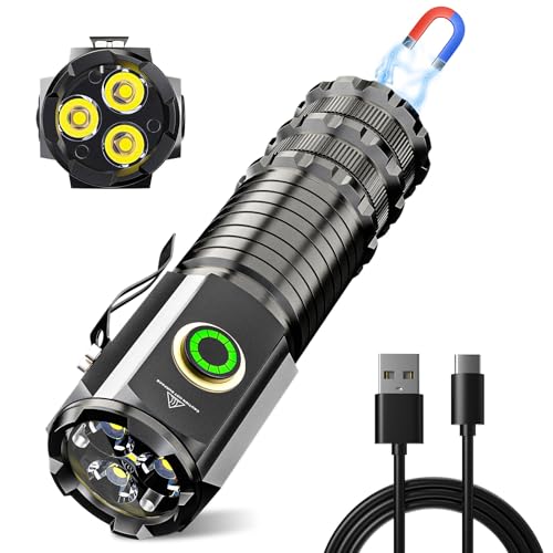 Wind&Moon Mini LED Taschenlampe Type-C Wiederaufladbar Extrem Hell 5000 Lumen, 5 Beleuchtungsmodi IPX5 Tragbare Taktische Wasserdicht Flashlight mit Magnet Schwanz, Geeignet für Camping Wandernotfälle von Wind&Moon