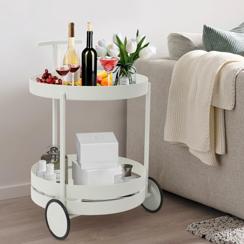 WindWilder 2-stufigen Servierwagen aus Metall - H 61cm x Ø 40cm - Modern Rund Lagerwagen mit 2 Räder bis 10kg/22 lbs (Weiß) von WindWilder