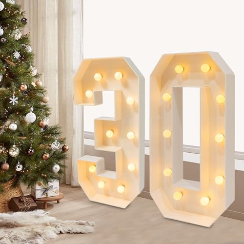 WindWilder 30-60 LED Nummer Licht 3D Nummer Lampe mit 20-LED Brief Beleuchtung Buchstabe Licht 2000-3000K Warm Lichtquelle Alphabet Lampe Nachtlichter Dekoration für Geburtstag Party (30) von WindWilder