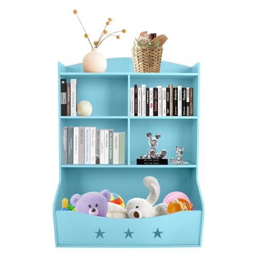 WindWilder Aufbewahrungsfach für Kinder, Buch- und Spielzeugaufbewahrungsschrank, Kinderbuch- und Spielzeugregal für Kinderzimmer Spielzimmer (Blau, 4 Etagen mit 5 Fächern, 76.5x34x93cm) von WindWilder