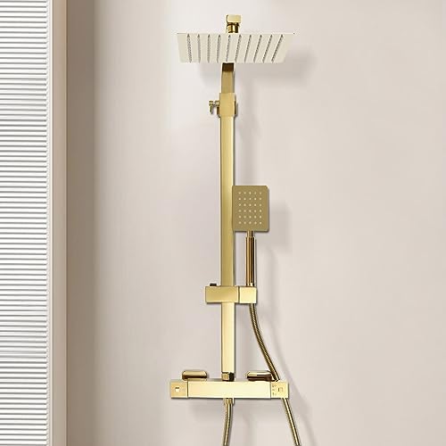 WindWilder Duschsystem mit Thermostat, Regendusche Duschset Duscharmatur Duschsäule, Messing + 304 Edelstahl, Regendusche Set Handbrause Duschset, Gold von WindWilder