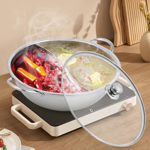WindWilder Edelstahl Hot Pot mit Deckel und Handle 28cm/34cm, Shabu Shabu Topf mit Glasdeckel, Kochtopf-Set für Induktion Herd Gasherd, Silber (34cm) von WindWilder