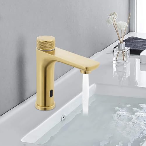 WindWilder Infrarot Sensorhahn Wasserhahn 17cm Höhe - 15cm Sensor Entfernung - Brührungsloser Küchenhahn mit Temperaturregelung und 2 Stromversorgungsmodi für Waschbecken Spüle (Gold) von WindWilder