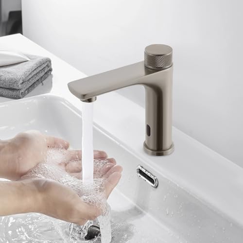 WindWilder Infrarot Sensorhahn Wasserhahn 17cm Höhe - 15cm Sensor Entfernung - Brührungsloser Küchenhahn mit Temperaturregelung und 2 Stromversorgungsmodi für Waschbecken Spüle (Grau) von WindWilder