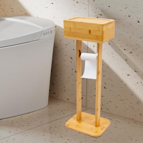 WindWilder Toilettenrollenhalter Stehend aus Bambus 65CM, Toilettenpapierhalter mit Feuchttücherbox, Holz Klopapierhalter Handyhalter Feuchttuchhalter mit Aufbewahrungsbox, Tragfähigkeit 4kg/8.8 lbs von WindWilder
