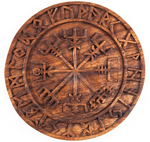 Windalf Nordic Holzbild VEGVISIR Ø 23 cm Wikinger Kompass mit Futhark Wandornament Wandrelief Nordische Mythologie Handarbeit aus Holz von Windalf