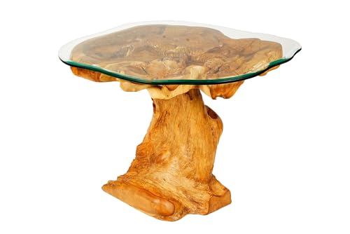 Windalf Rustikaler Wurzelholz Couchtisch mit Glasplatte Esko 92 cm Handgefertigtes Teak Unikat von Windalf