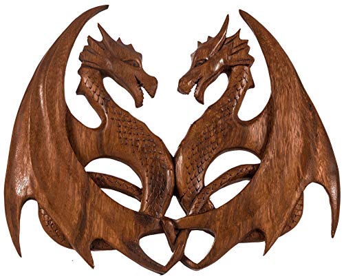 Windalf Wikinger Holz Liebes Wandbild ZAVIA 28 cm Zwei Drachen Wandfigur Drachenliebe Wandskulptur Schutz-Amulett als Glücksbringer Handarbeit von Windalf