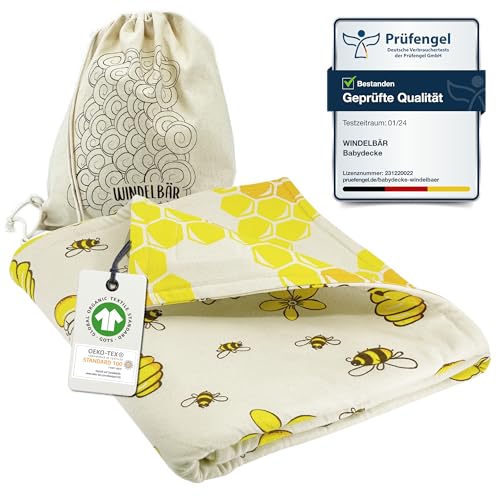 Windelbär Babydecke 100% Bio Baumwolle [GOTS & ÖKOTEX zertifiziert] 1 STK Kuscheldecke Bienen 75x100 Baby Erstausstattung Neugeborene Krabbeldecke Sommerdecke Schmusedecke Erstausstattung Baby Blanket von Windelbär