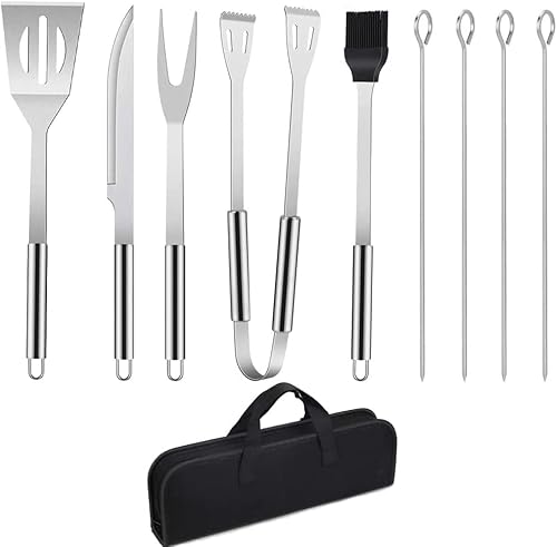 Grillbesteck BBQ Grillzubehör, 9 PCS Grill Werkzeugset Edelstahl Barbecue-Utensilien, BBQ Grillen Kochwerkzeug Kit-Schaber, Pinsel, Fleischmesser, Spieße Zubehör für Outdoor Familien Garten Party von Windfromort