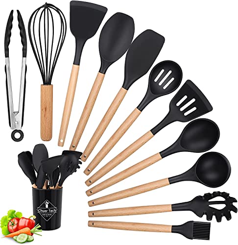 Küchenhelfer Set Kochlöffel Silikon 12 PCS, Küchenutensilien Set BPA-Frei, FDA Hitzebeständige Holzgriffe, Kochwerkzeug, Silikonwender, Pfannenwender, Löffel für antihaftbeschichtetes Kochgeschirr von Windfromort