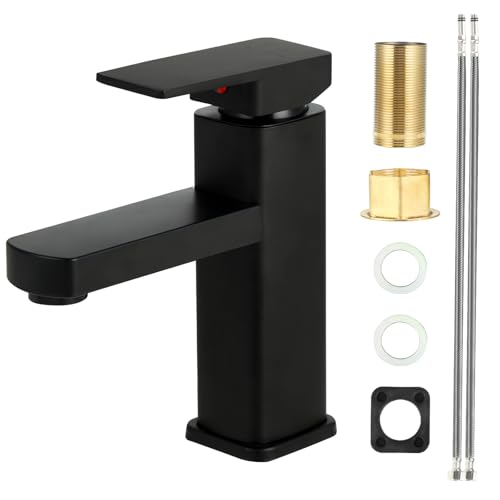 Wasserhahn Bad - Wasserhahn Edelstahl - Eckige Mischbatterie, Armatur Badezimmer, kalt/warm verstellbar mit 60 cm Sicherheits-Schlauch für Waschbecken, Gäste-WC, Badezimmer (Schwarz) von Windfromort