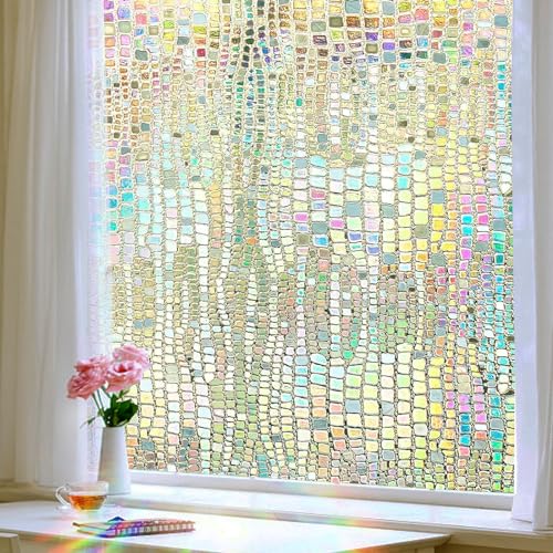 Fenster-Sichtschutzfolie, Regenbogen-Fensteraufkleber, 3D-Buntglas, dekorative Aufkleber, nicht klebend, statisch, Vinyl, mattiert, holografische Abdeckungen, Badezimmer (44x200 cm, rein) von Windimiley