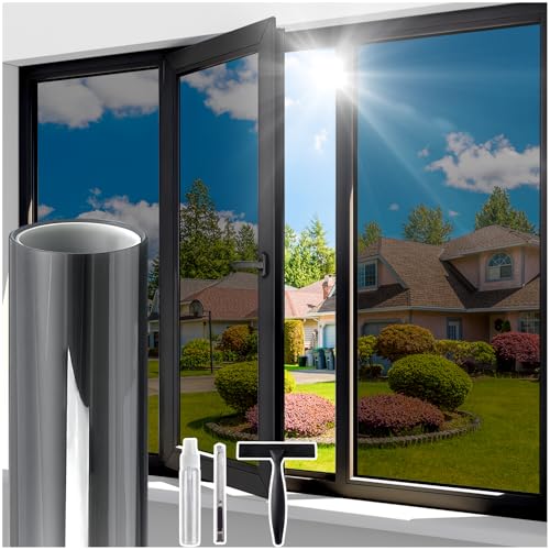 Windimiley Fensterfolie Sonnenschutz Spiegelfolie Fenster Sichtschutz,Sonnenschutzfolie Blickdicht von Aussen 45x1000cm,Selbsthaftend UV Schutzfolie Hitzeschutz Innen Wärmeschutzfolie Schwarz-Silber von Windimiley