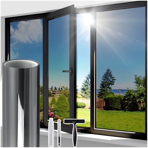 Windimiley Fensterfolie Sonnenschutz Spiegelfolie Fenster Sichtschutz, Blickdicht von Aussen Sonnenschutzfolie 60x1000cm, Selbsthaftend UV-Schutz Hitzeschutz Wärmeschutzfolie für Büro Schwarz-Silber von Windimiley