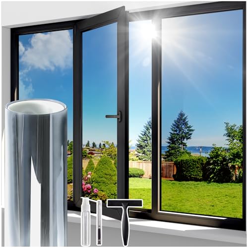 Windimiley Fensterfolie Sonnenschutz Spiegelfolie Fenster Sichtschutz, Blickdicht von Aussen Sonnenschutzfolie 44,5 x 200cm, Selbsthaftend UV-Schutz Hitzeschutz Wärmeschutzfolie für Büro Silber-Silber von Windimiley