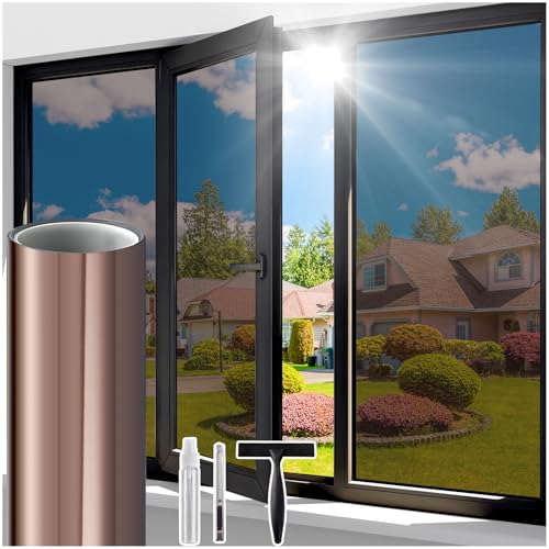 Windimiley Fensterfolie Spiegelfolie Blickdicht von Aussen,Selbsthaftend Fenster Sichtschutz,Sonnenschutzfolie mit Klebrig 90x300cm,UV-Schutz Hitzeschutz Innen Wärmeschutzfolie Tee-Silber von Windimiley