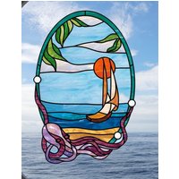 Faux Stained Glass Segelboot Fenster Aufkleber ~ Suncatcher Octopus Ocean Größe 10.6" Oval Mit Glassy Deluxe Vinyl von WindowClingsGalore