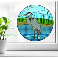 Reiher Fensteraufkleidung ~ Glasmalerei Kranich Suncatcher 20 cm, Rund Oder Quadratisch Mit Glassy Deluxe Vinyl von WindowClingsGalore