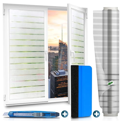 WindowShield® Sichtschutzfolie mit Streifenmuster | Video-Anleitung | Sichtschutz Fenster | selbsthaftende Fensterbilder | Folie selbstklebend | Isolierfolie Kälteschutz | 90 x 200 cm von WindowShield