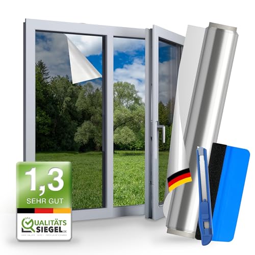 WindowShield®| UV-Schutz Sonnenschutzfolie Fenster innen oder außen | Spiegelfolie Selbstklebend | Selbsthaftend, Silber reflektierende Fensterfolie | Rückstandslose Sonnenschutz Folie | 119 x 200 cm von WindowShield