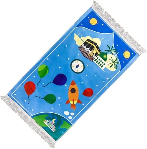 Windplusya Gebetsteppich für Kinder, 19.7x35.4 in Muslimischer Cartoon-Quasten-Gebetsteppich, Weicher Dicker Muslimischer Gebetsteppich Eid-Geschenk für Jungen/Mädchen. (Blue Aeroplane) von Windplusya